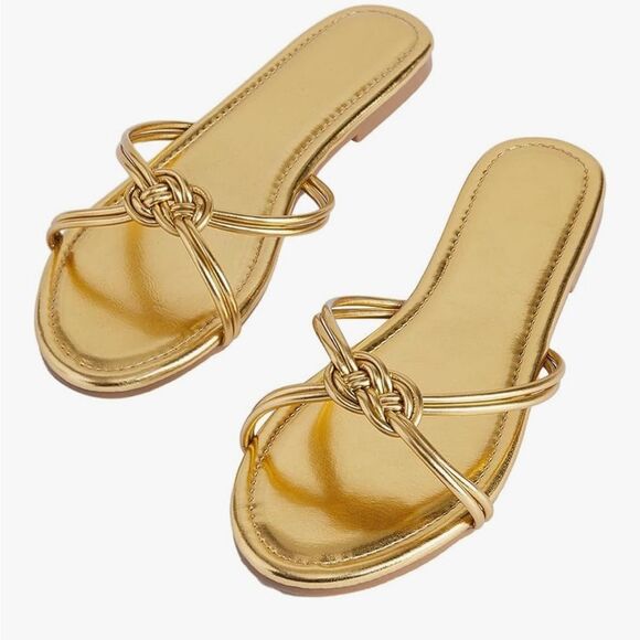 Women's Strappy Flat Sandals Open Toe Gold Metallic Summer Trendy Dressy Slides - Picture 5 of 9